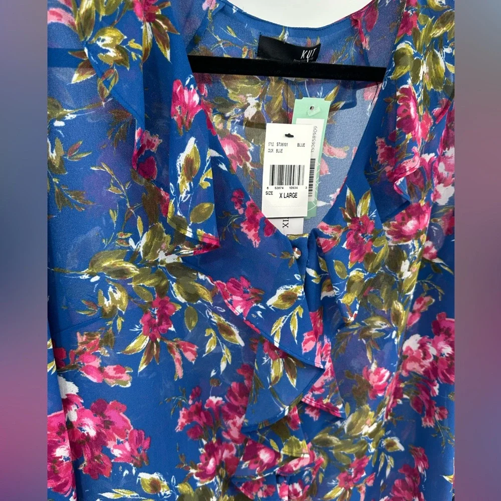 Kut From The Kloth Womens Size XL Blue Pink Floral Long Sleeve Ruffle Button Up - Picture 8 of 11